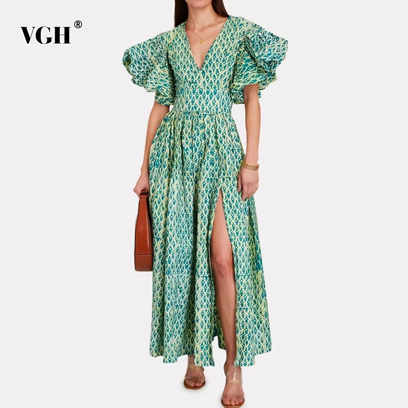 

VGH Green Print Summer Dress For Women V Neck Puff Short Sleeve High Waist Side Split Maxi Dresses Females 2021 Fashion Clothing