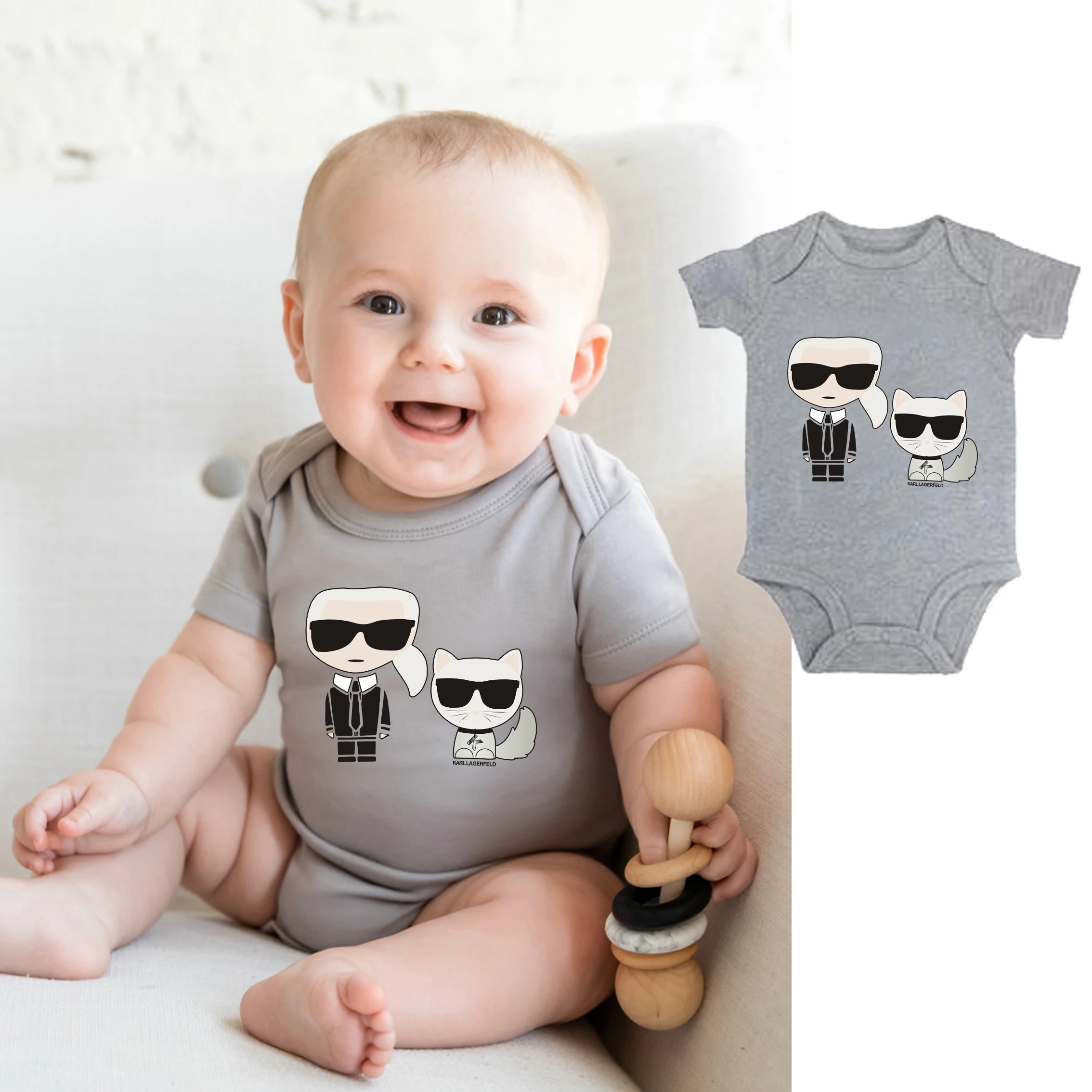 Novedad de verano de manga corta de algodón recién nacido Grey Onesies lindo gato de dibujos animados gráfico mono estampado de bebé niños niñas de niño