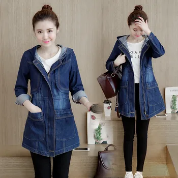 

Spring Autumn Plus size Denim Trench Coat 2020 new hooded loose women outerwear Long sleeve medium long female Coat G68