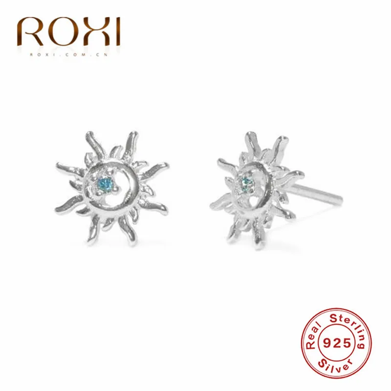 Платиновое покрытие ROXI 925 пробы, серебряные, синие Кристальные солнечные серьги-гвоздики для женщин, в стиле панк, полые солнечные серьги-гвоздики, корейские серьги, модные ювелирные изделия - Окраска металла: Платиновое покрытие