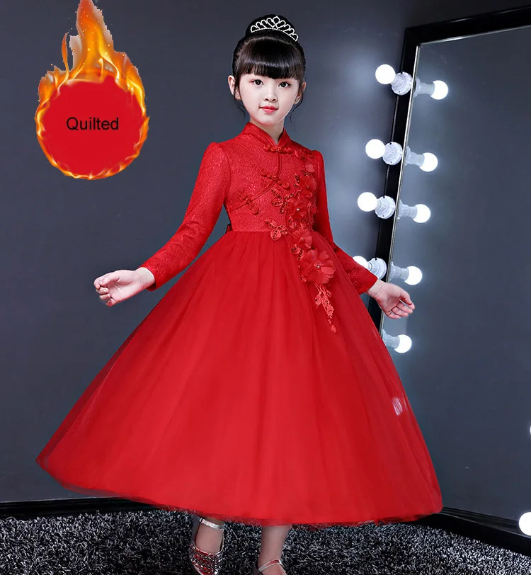 red long quilted Зимнее стеганое платье для девочек; детское платье с цветочным узором для девочек; вечерние платья; торжественное кружевное платье с вышивкой; платье подружки невесты на свадьбу; праздничное платье для подростков - Цвет: red long quilted