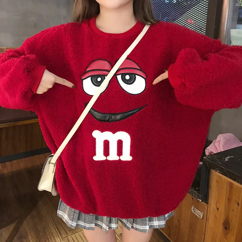 Cartoon Plush Hoodie New Style Women's Autumn And Winter Korean-style Loose-Fit Students Thick Embroidery Warm fang yang gao Swe