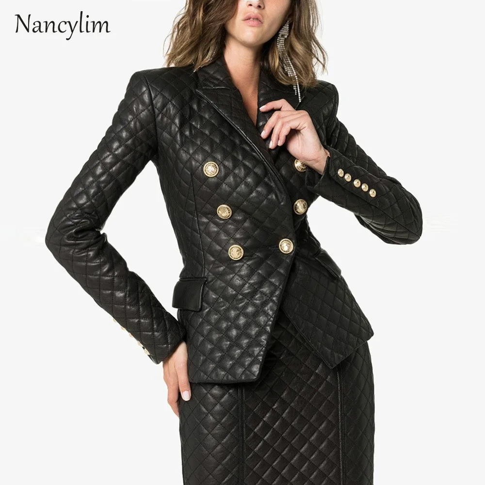 

Leather Blazer Femme Women Coat Double Breasted Slim Fit Diamond-Quiltedpu Leather Jacket Winter Coat Blazer Feminino XXL