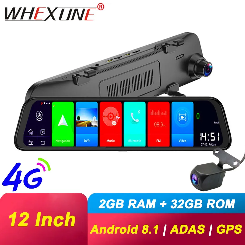 WHEXUNE 12 дюймов Android 8 1 Автомобильные видеорегистраторы Камера GPS Bluetooth навигация FHD
