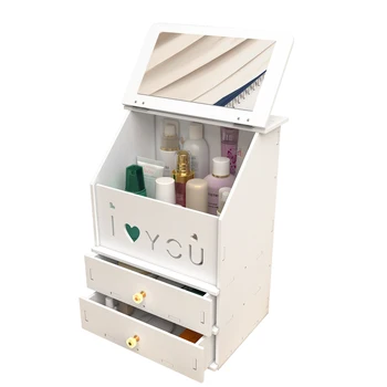 

Large wooden cosmetic storage box home desktop with mirror drawer dressing table makeup product storage box mx6291808
