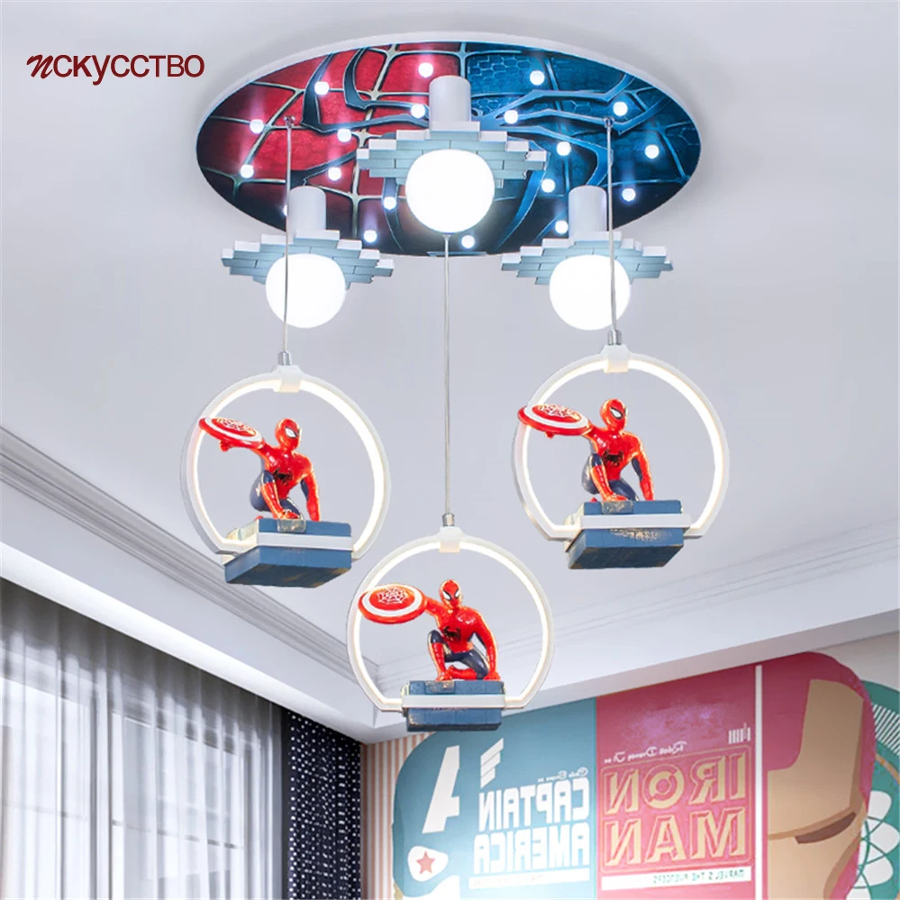 Kids Room Cartoon Spider Hero Led Ceiling Lamp Modern Suspension Luminaire Boys Bedroom Deco Creative Children Light Fixture E27