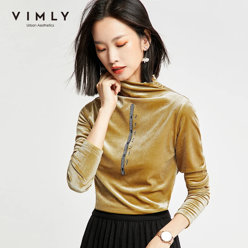 Vimly 2020 Autumn Winter Women Letter Print Velvet Shirt Elegant Office Lady Turtleneck Long Sleeve Slim Casual Female Top 98701 | Женская