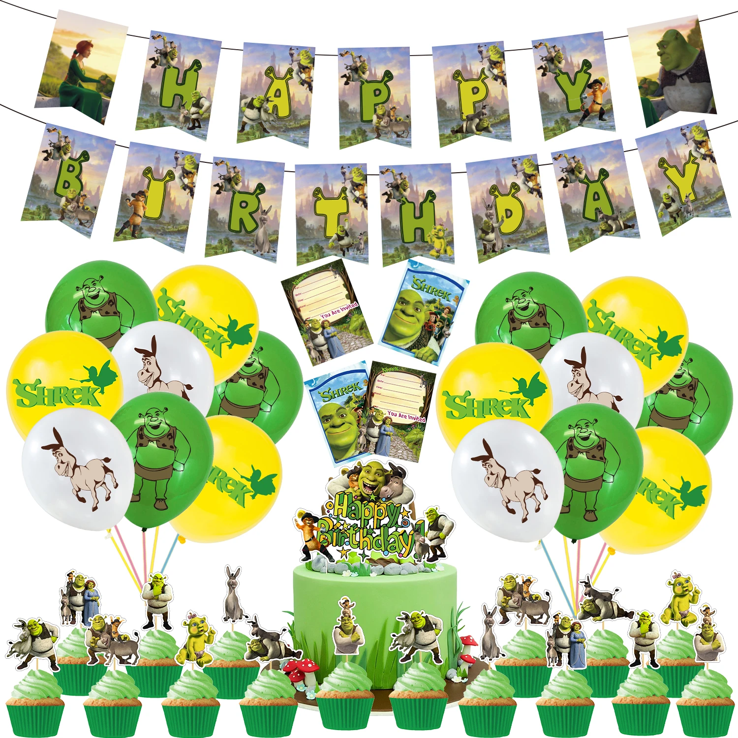 Decoraciones de fiesta de cumpleaños de Shrek con temática de dibujos  animados, pancarta de Decoración de Pastel de burro, globos de látex,  tarjeta de invitación, recuerdos de fiesta para niños|Decoraciones DIY de