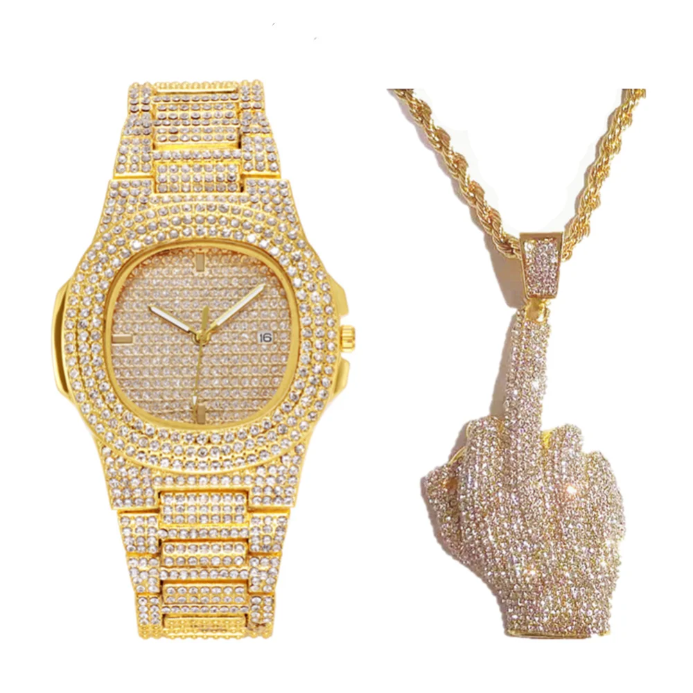Collana ghiacciata da 2 pezzi per orologio da uomo in oro con diamanti, set di gioielli di moda con catena con ciondolo con dito medio bling hip-hop_voghion.com