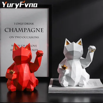 

YuryFvna Geometric Animal Statue Lucky Cat Collectible Figurine Feng Shui Successful Career Luck and Fortune Charm Good Health