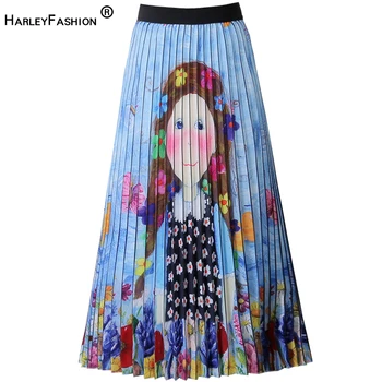 

HarleyFashion European Cute Pattern Pleated Skirts Flower Girls Graffiti Printing Long Quality Street Cartoon Skirt