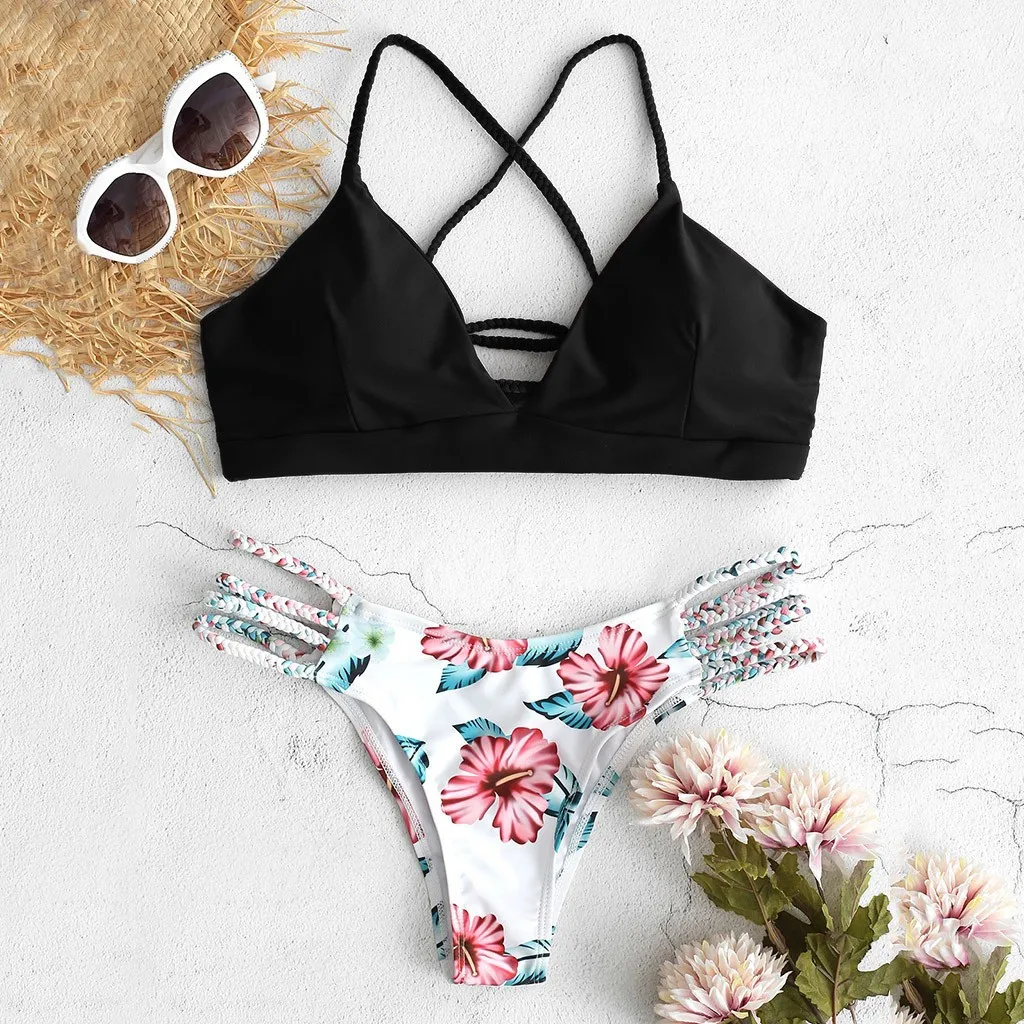 

JAYCOSIN Cross Shoulder Strap Women Swimwear 2020 Summer Sexy Straps Cute Fresh Print Split Bikini Beach Bathing Swimsuit Sweet