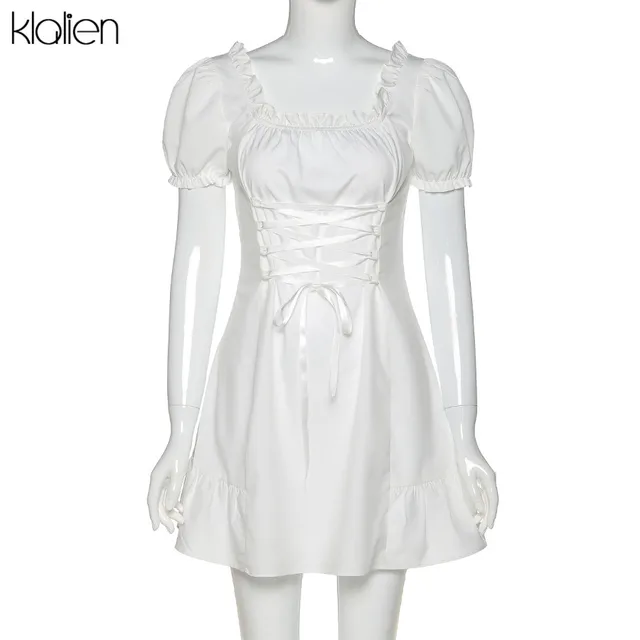 KLALIEN Fashion Elegant Bow White Female Mini Dress Summer Party Birthday Festival Cute Sexy French Romantic