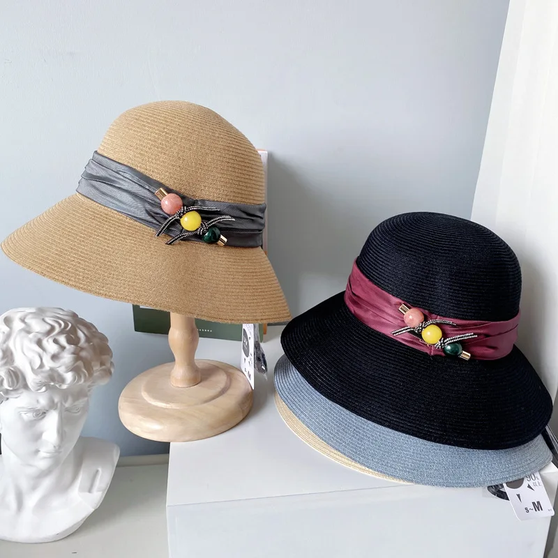 

Designer Hat New Satin Ribbon Fisherman Bucket Hat Female Summer Seaside Vacation Anti-UV Beach Hat Basin Caps Chapeu Feminino