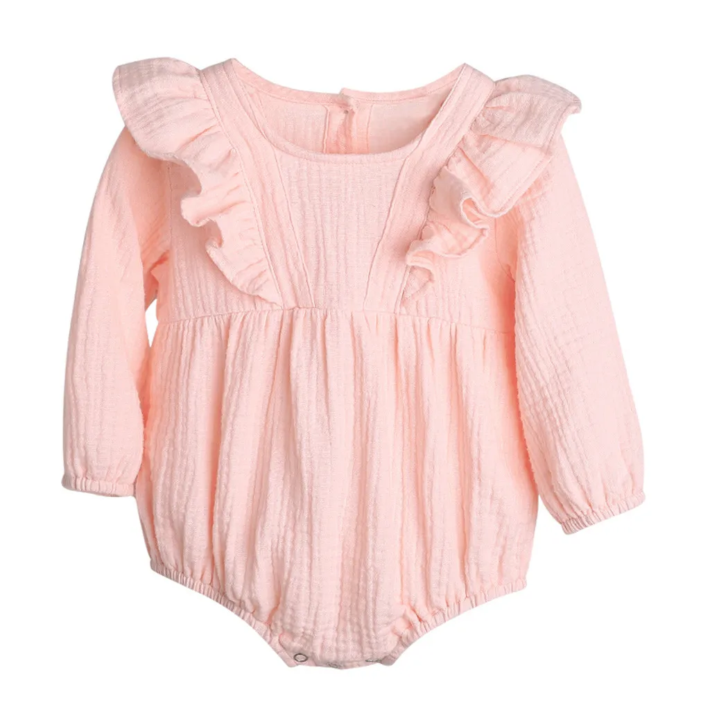Модный боди для малышей; Однотонный боди с длинными рукавами для новорожденных; пуловер для малышей с круглым вырезом; осенние боди для младенцев; Bebek Giyim - Цвет: Розовый