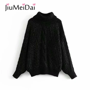 

JiuMeiDai Women Long Stripe Turtleneck Sweater Female Winter Warm Plus Size Loose Lantern Sleeve Korean Casual Sweaters