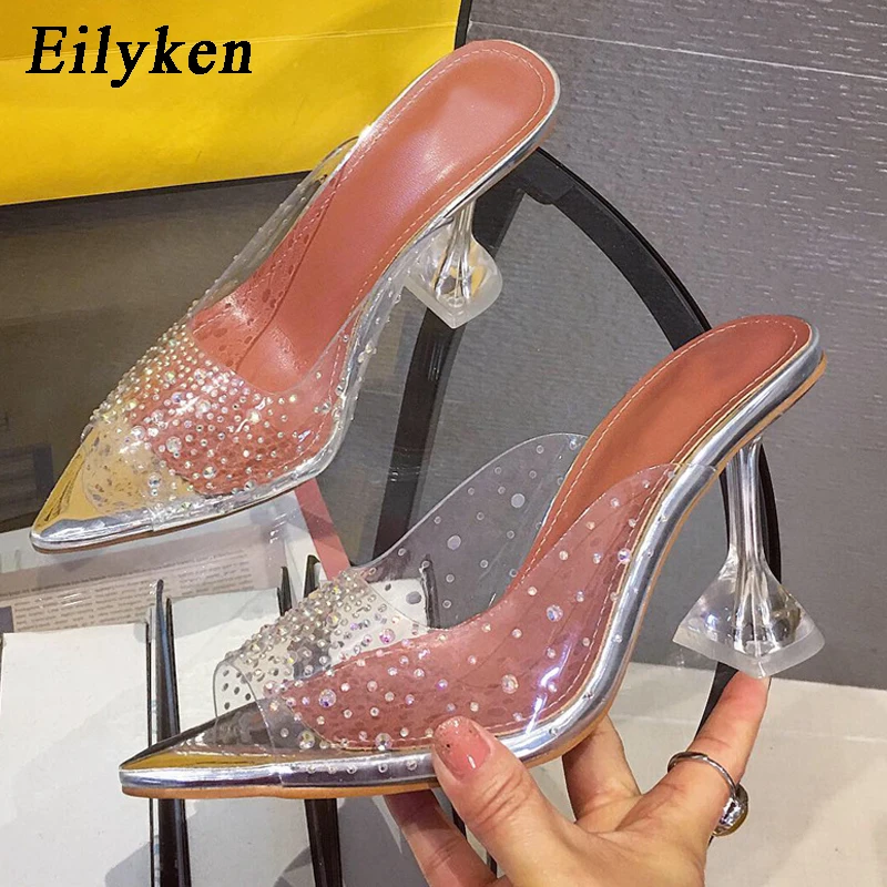 Eilyken/женские шлепанцы; летние туфли из ПВХ на прозрачном каблуке, украшенные кристаллами; женские туфли с острым носком на высоком каблуке для вечеринки и выпускного