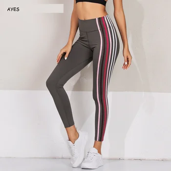 

casual women yogawear leggings side striped high waist pants slim fitness legging workout trousers skinny body keep leggings hot