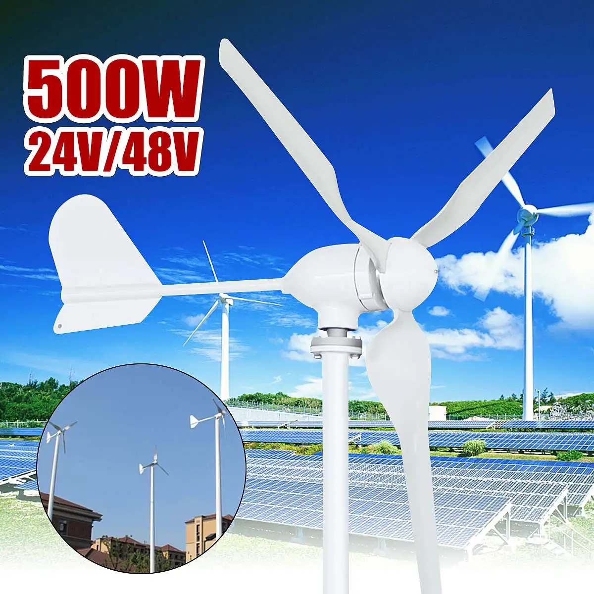 

500W 24/48 Volt Home Wind for Turbines Generator Power Nylon Fiber 3 Blade Horizontal Windmill Energy for Turbines Charge