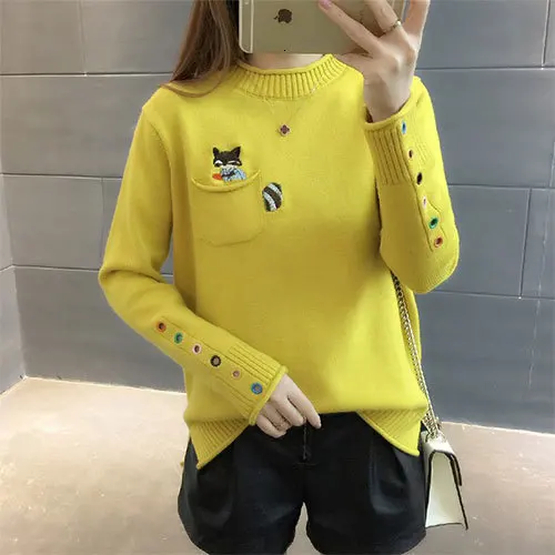 Yellow PEONFLY модный вязаный свитер с вышивкой лисы Женский водолазка осень зима пуловер с длинными рукавами свитер женский джемпер - Цвет: Yellow