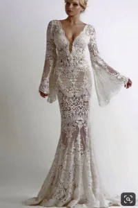 Винтажное свадебное платье «русалка» с расклешенными рукавами,, кружевное платье Vestido De Noiva, свадебное платье шампанского с открытой спиной - Цвет: Шампанское