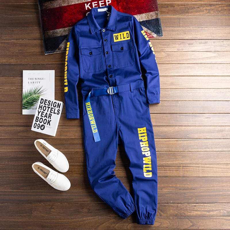 Men Spring Overalls Jumpsuit Cotton Letter Print Beam Feet Coverall Pants Multi Pocket Workwear Loose Trousers
