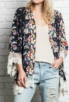 

New Pattern Women Casual Autumn Lace Split Joint Flower Kimono Loose Coat