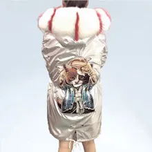 На зимнем меху Женская парка с мехом кролика; волокна закаточной ткани с капюшоном, отделанным натуральным лисьим мехом датский вкладыш глянцевый длинная куртка C мехом