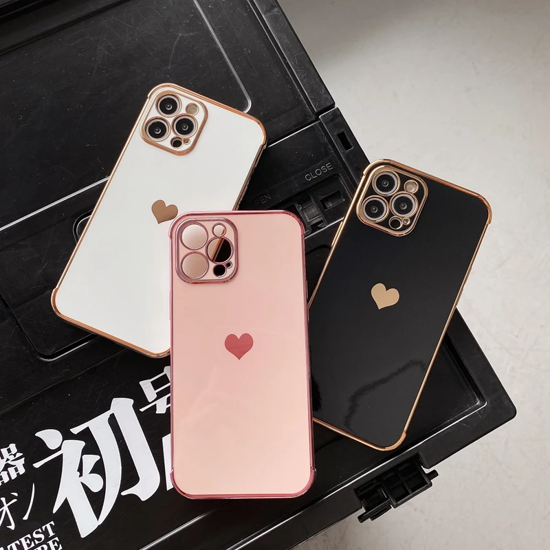 Soft electroplated love heart phone case for iphone 11 12 pro max xs x xr 7 8 plus mini se 2020 shockproof bumper back cover