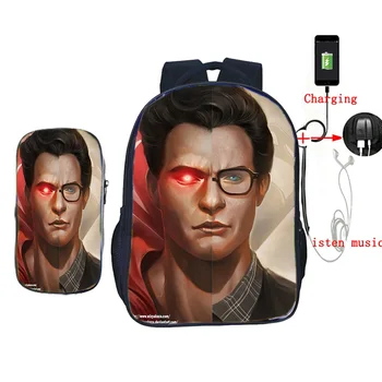 

Superman 2 Pcs/set Daily Backpack School Bags for Teens Girls Boys Laptop Mochila Women Men Casual USB Charge Travel Rucksack