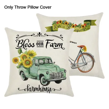 

4pcs Vintage Truck Soft Thanksgiving Linen Square Living Room Bedroom Sofa Throw Pillow Cover Case Rustic Farmhouse Sunflower
