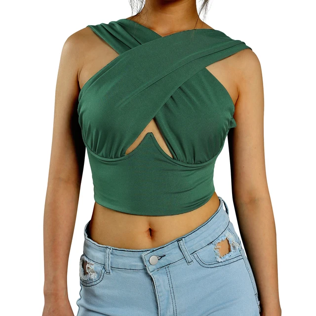 Women's Criss Cross Tank Tops Sexy Sleeveless Solid Color Cutout Front Crop Tops Party Club Streetwear Summer Lady Bustier Tops D