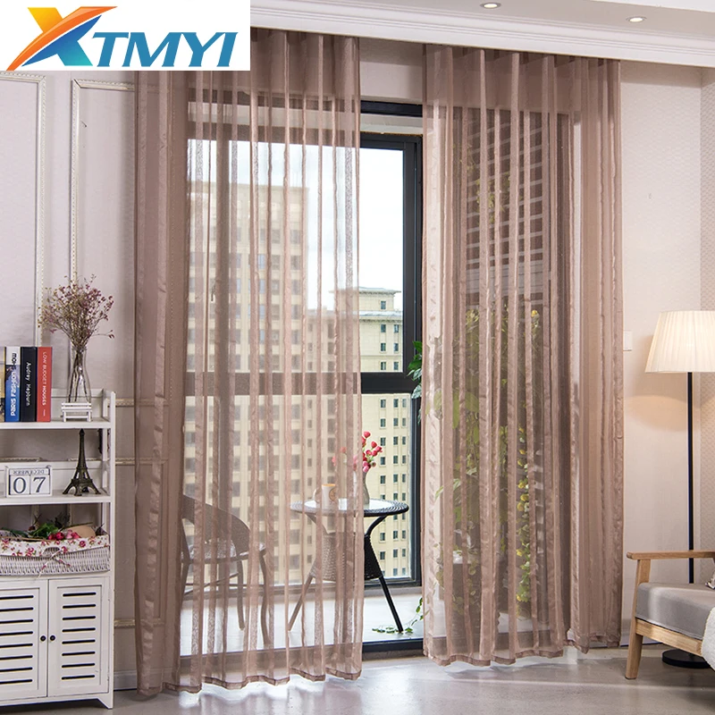 Modern Window Tulle Curtains For Living Room Voile Brown Striped