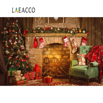 

Laeacco Christmas Backdrops For Photography Tree Brick Fireplace Gift Sofa Sock Carpet Baby Party Interior Photo Backgrounds