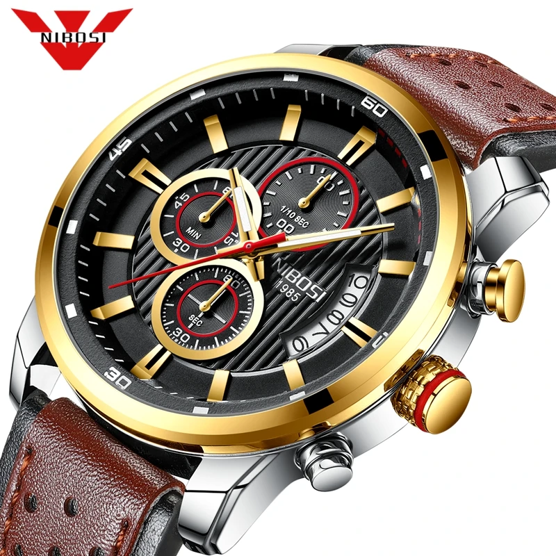 Baratos Reloj de cuarzo con cronógrafo de lujo de marca NIBOSI, relojes deportivos para hombre, reloj de pulsera de cuero militar, reloj de pulsera, reloj Masculino