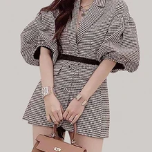 Блейзер с пышными рукавами в ломаную клетку, женская осенняя одежда, пояс, Ретро стиль, модный темперамент, пиджак, сетчатые красные вечерние пиджаки, верхняя одежда