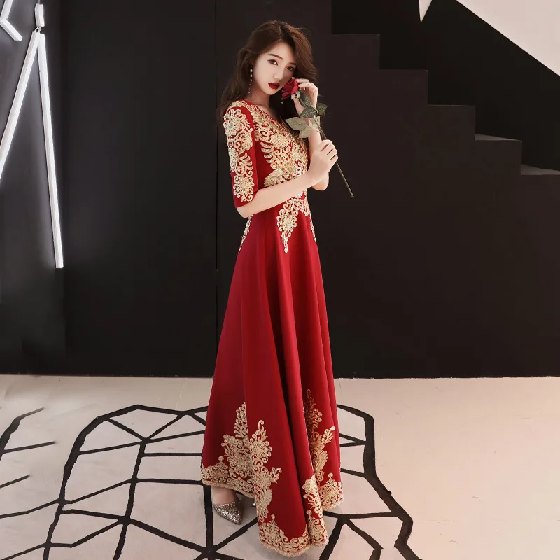 Темно-красные вечерние Длинные Cheongsam ретро Тонкое платье свадебное платье китайский стиль свадебное Qipao Дамская одежда Vestido XS-3XL