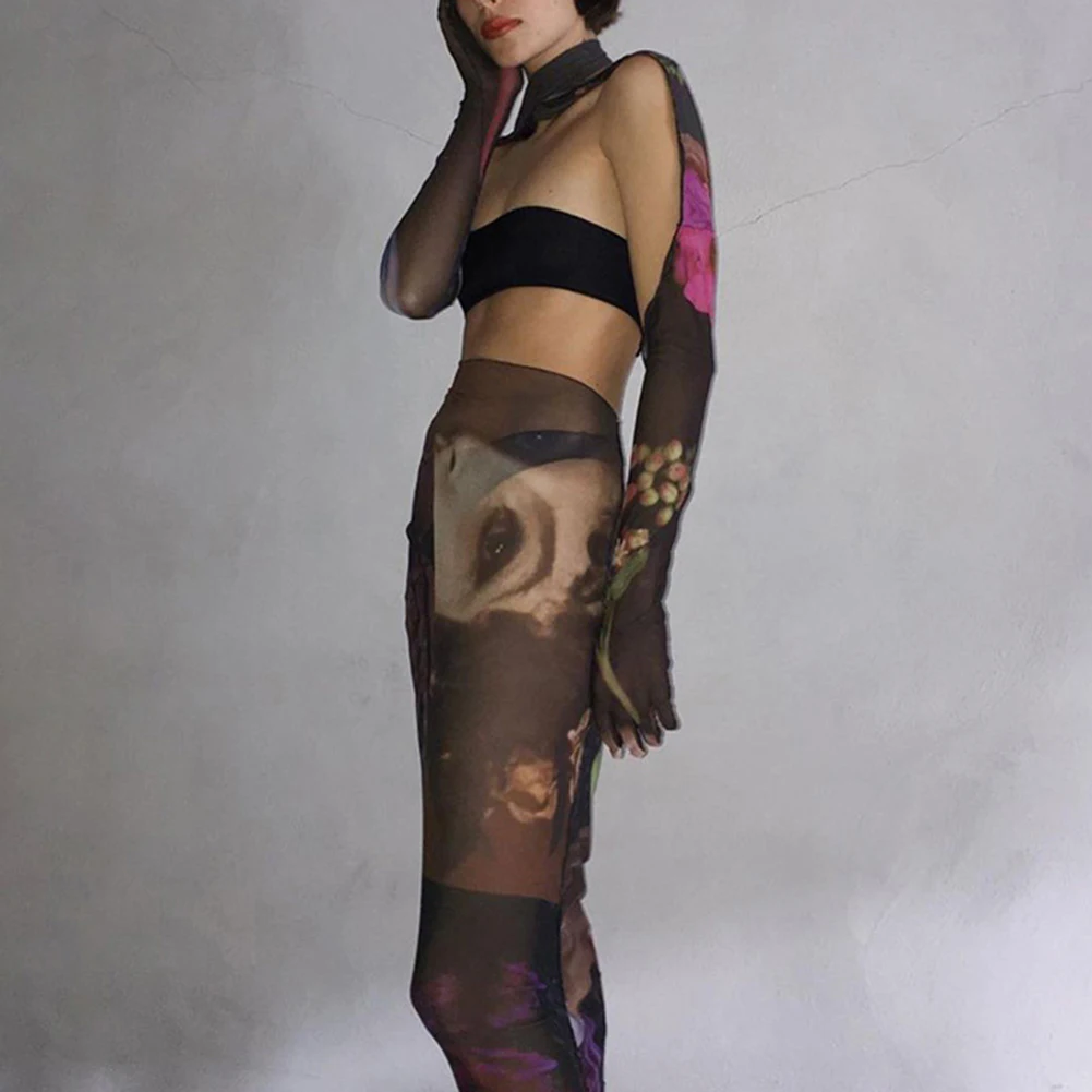 

Mesh Character Print Two Piece Sets Women Gloves Sexy Bra Tops+Seethrough Maxi Skirt Matching Sets Clubwear Female Outfits