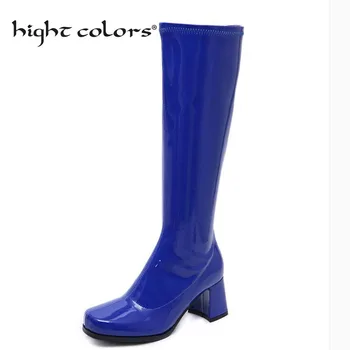 

（33~43）Patent Leather Women's Rain Boots Slip on Knee High Boots Women Fashion Square Heel Casual Blue Purple Women Shoes To-906