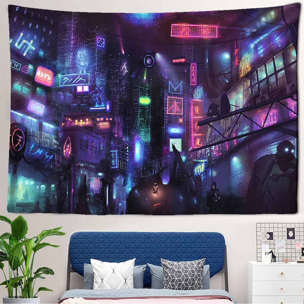 Tokyo Nightlife Tapestry Bedroom Wall Hanging Home Decoration Japanese Tapestry Bohemian Decorative Hippie Print Mattress