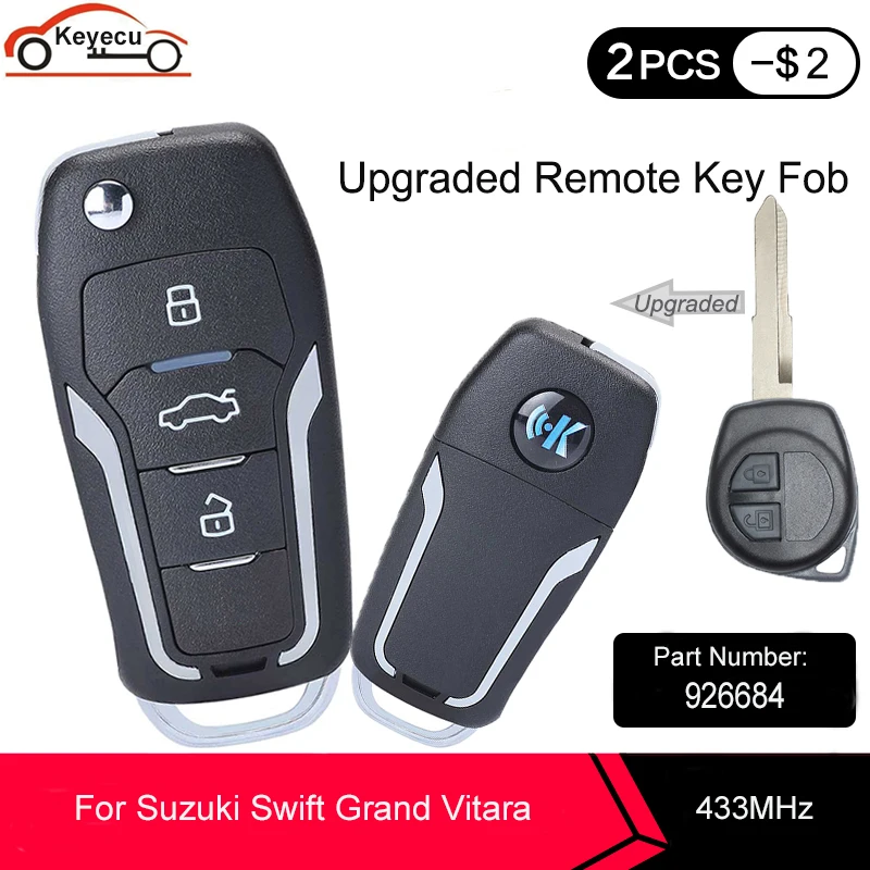 

KEYECU Replacement Upgraded Flip Remote Key Fob 433MHz ID46 Chip 2 Button for Suzuki Swift Grand Vitara 2000- 2008 P/N:926684