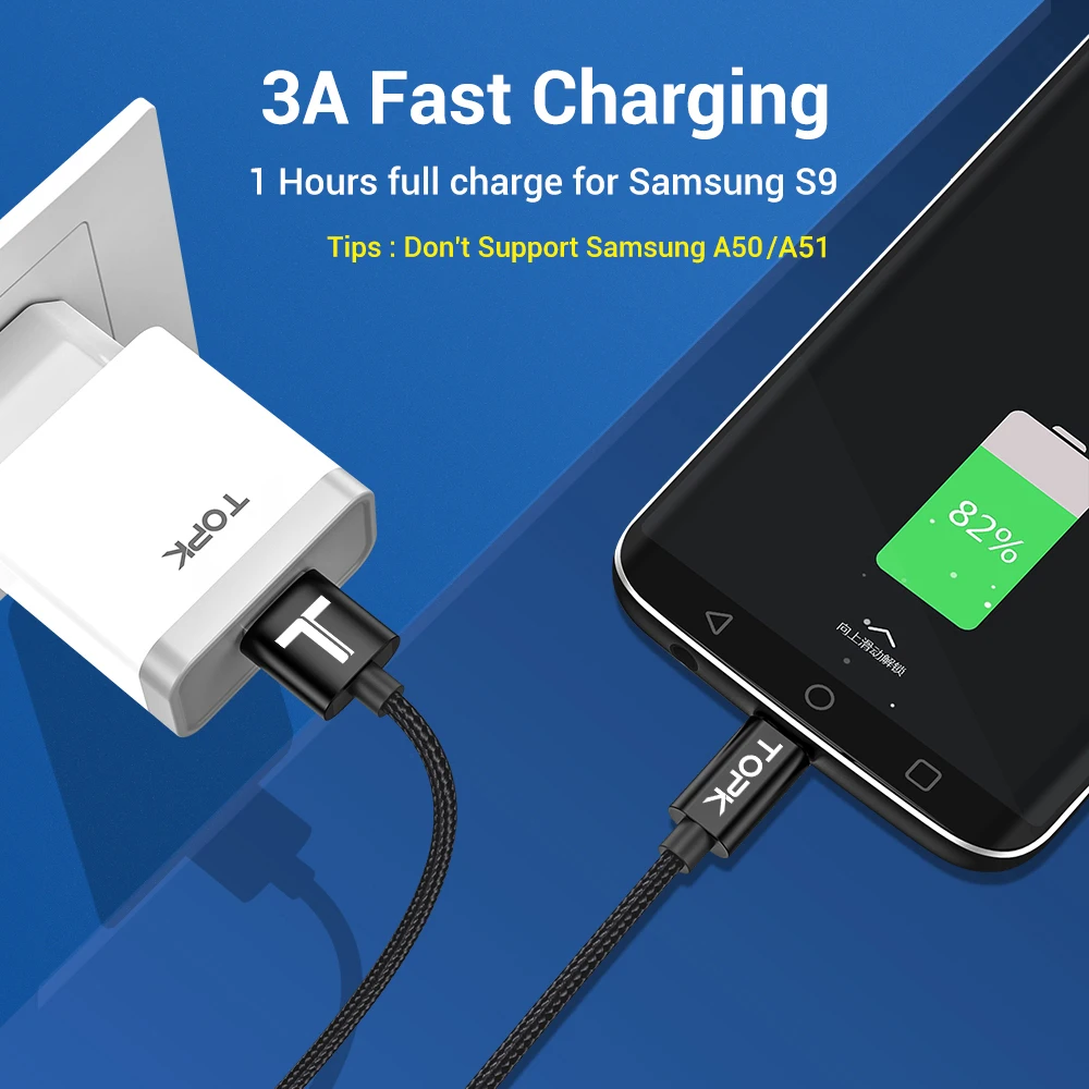 TOPK USB Type C кабель 3A Быстрая зарядка для передачи данных мобильный телефон зарядное