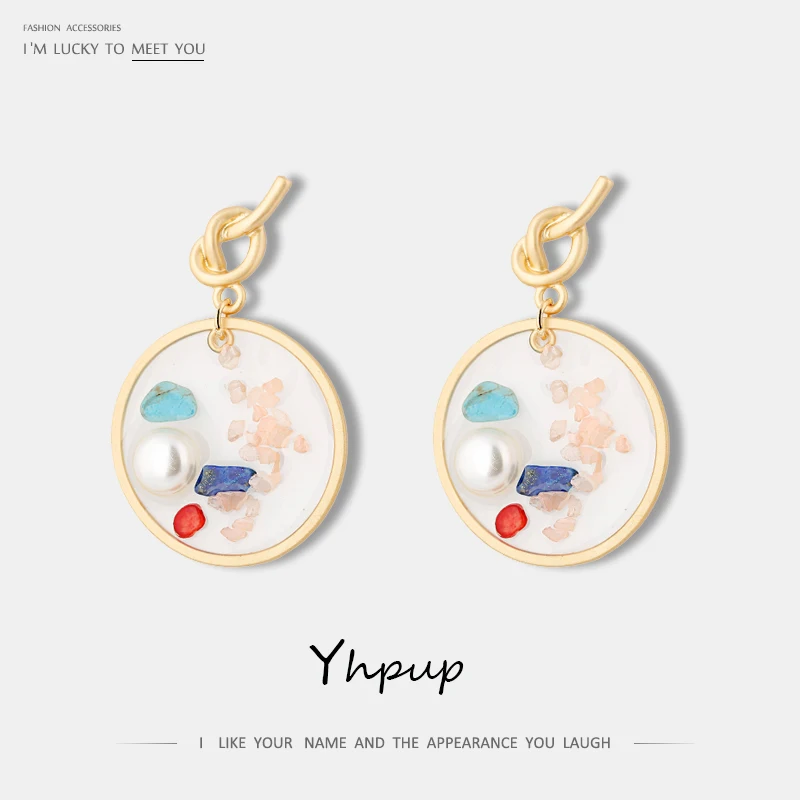 

Yhpup New Fashionable Natural Stone Round Geometric Dangle Earrings Colorful Shell Earrings for Girl Female Office Jewelry 2019