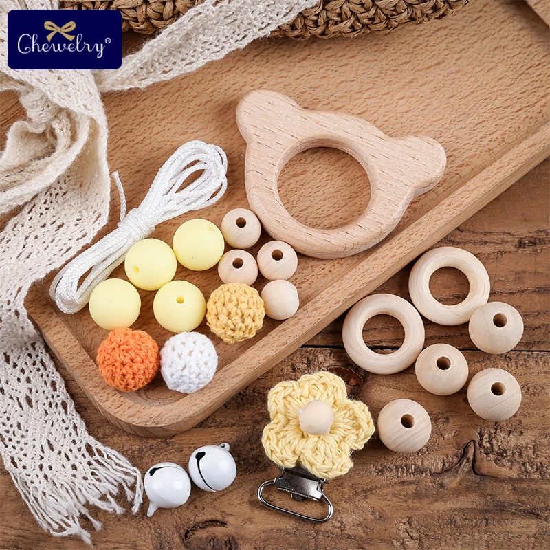 Wooden Teether Wood Beads Set DIY Baby Teething Necklace Toy Koal Wooden Rodent Pacifier chain Clip nylon Rope For Girl Boy Gift