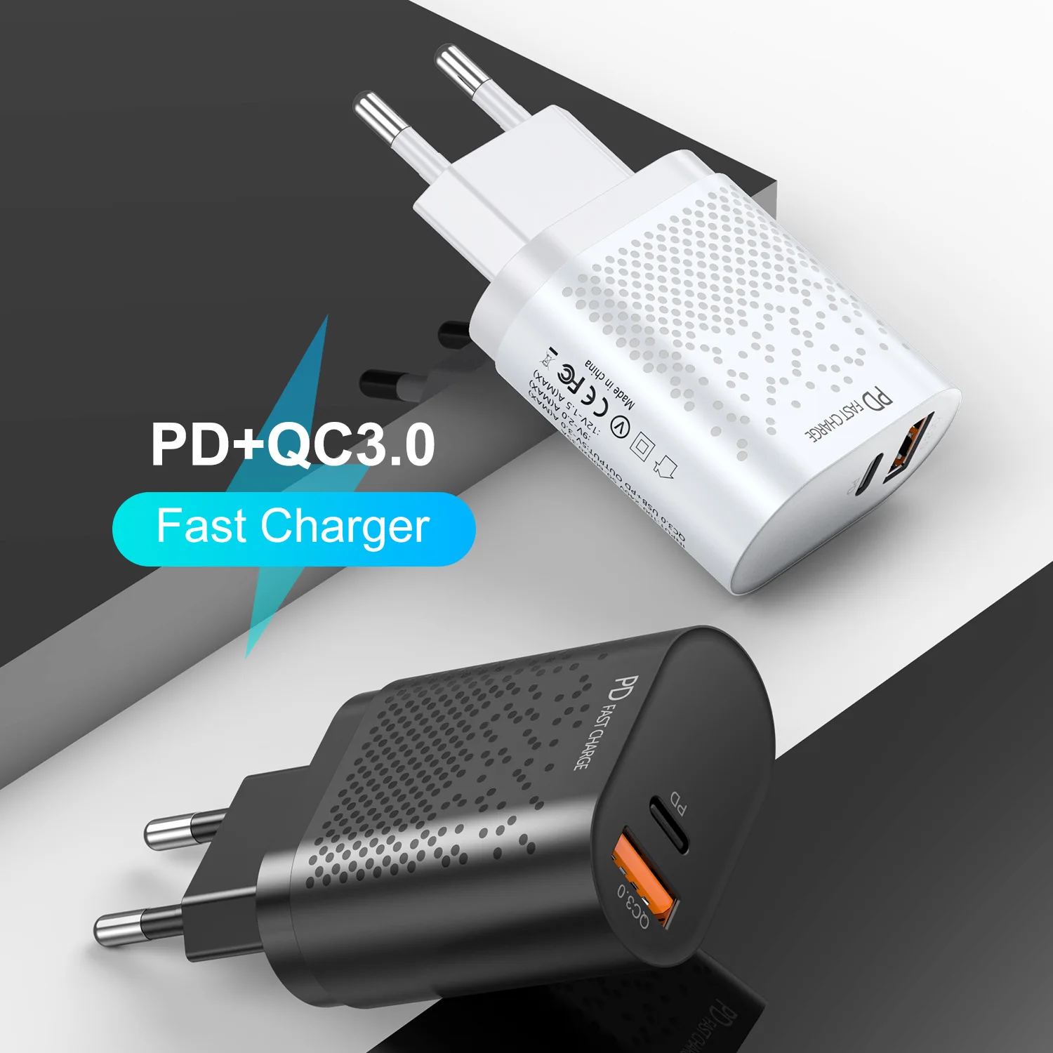 Быстрое зарядное устройство PD Qc3.0 18 Вт для Apple Android USB A + Type c двухпортовый Штепсель