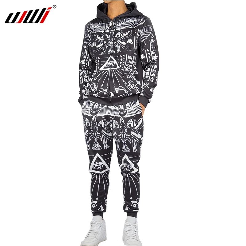 UJWI Hot Sale Retro Pattern Graphic Tracksuit Harajuku Mens Sweatshirt Pants 3d Print Unisex Zip Hoodie Tee Dropship Couple suit