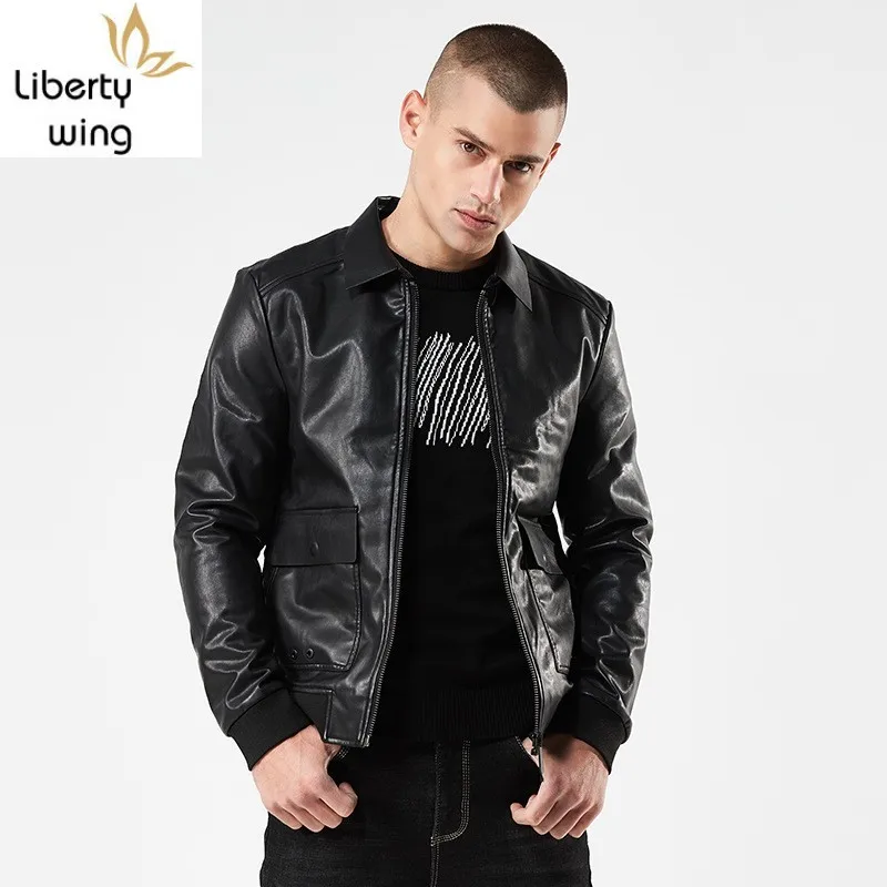 

Fashion Men Pu Big Pocket Slim Fit Motor Biker Bomber Jacket Brand Spring Autumn Faux Leather Punk Coat Outwear