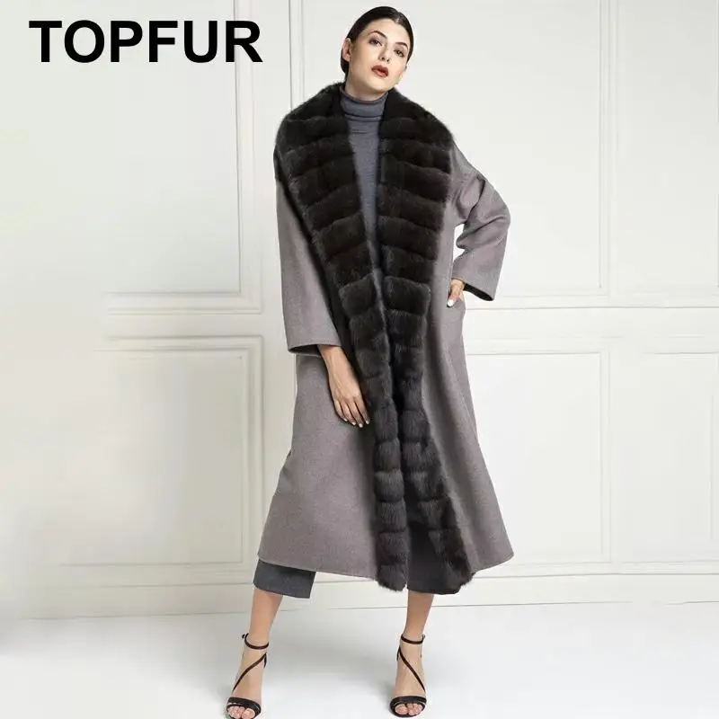 

TOPFUR New Gray Nizi Coat With Belt Real Fur Coat Women Winter Nizi With Mink Fur Collar Slim X-Long Clothing Lapel Collar