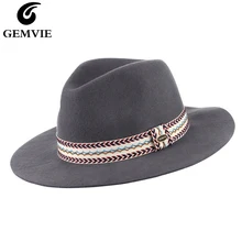 GEMVIE Floppy с широкими полями, шерсть, женская шляпа, фетровая шляпа, зимняя шапка, лента с полосками, осенняя Панама, джазовая Кепка