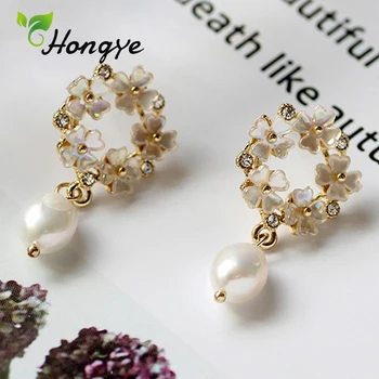 

Hongye Version Sweet Flower Natural Freshwater Pearl Earrings Zircons Decorative 925 Silver Ears Hook Jewelry Anniversary Bijoux